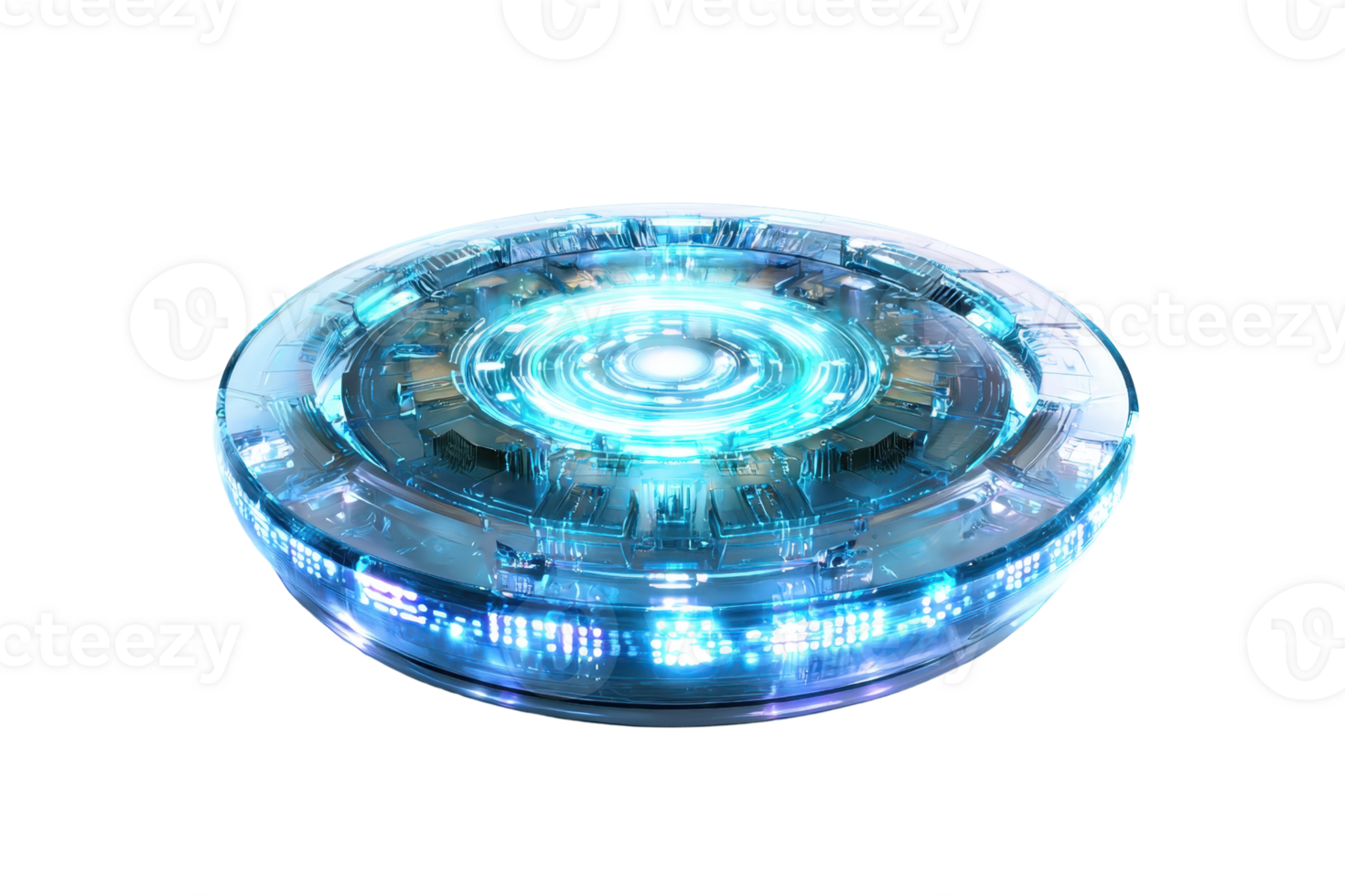 A futuristic disc-shaped object with glowing lights and intricate details, resembling a sci-fi flying saucer. png