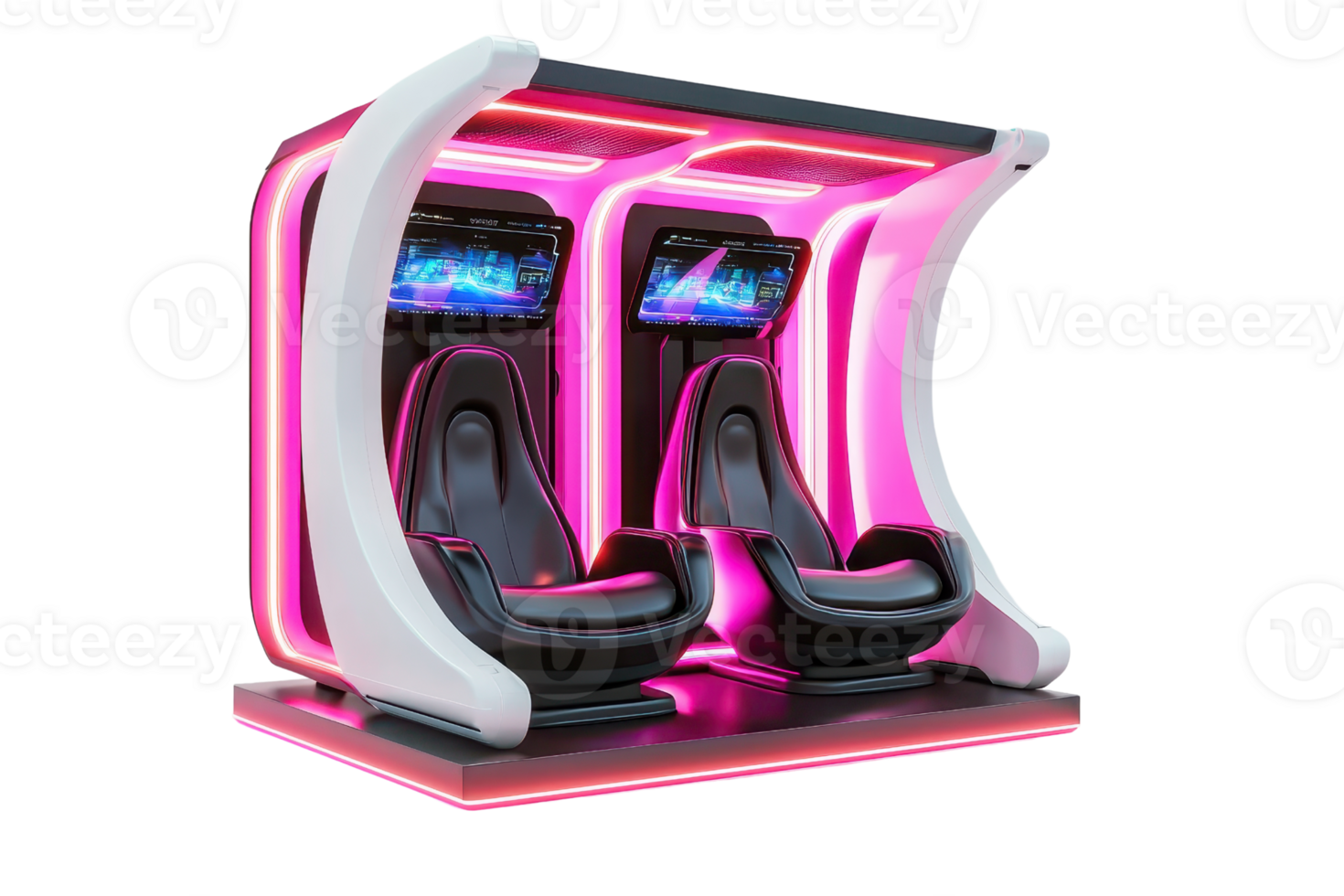 A futuristic dual-seat gaming pod with vibrant pink lighting and screens, designed for immersive entertainment experiences. png