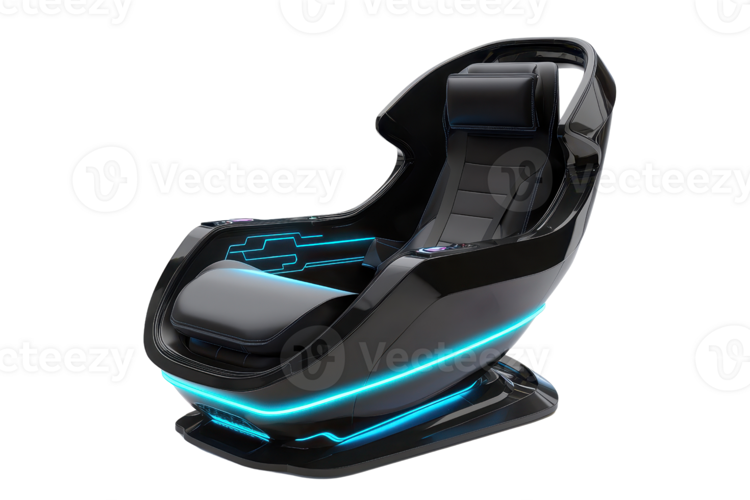 Sleek, modern gaming chair with glowing accents, designed for immersive virtual experiences and comfort. png