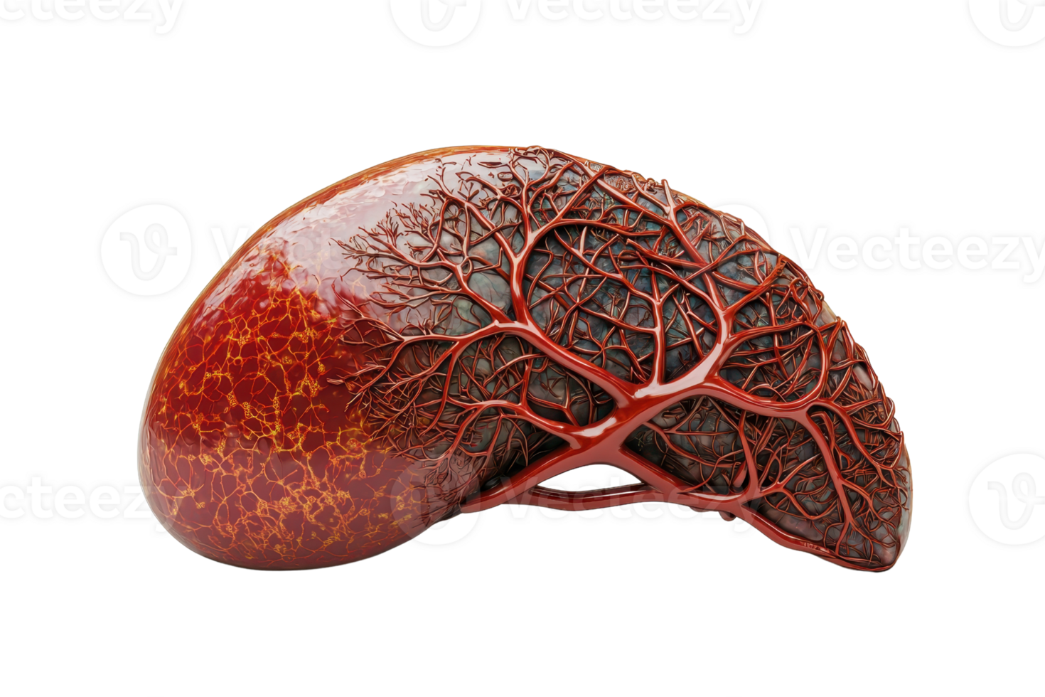A kidney-shaped object featuring intricate, tree-like vascular patterns in rich red and brown tones. png