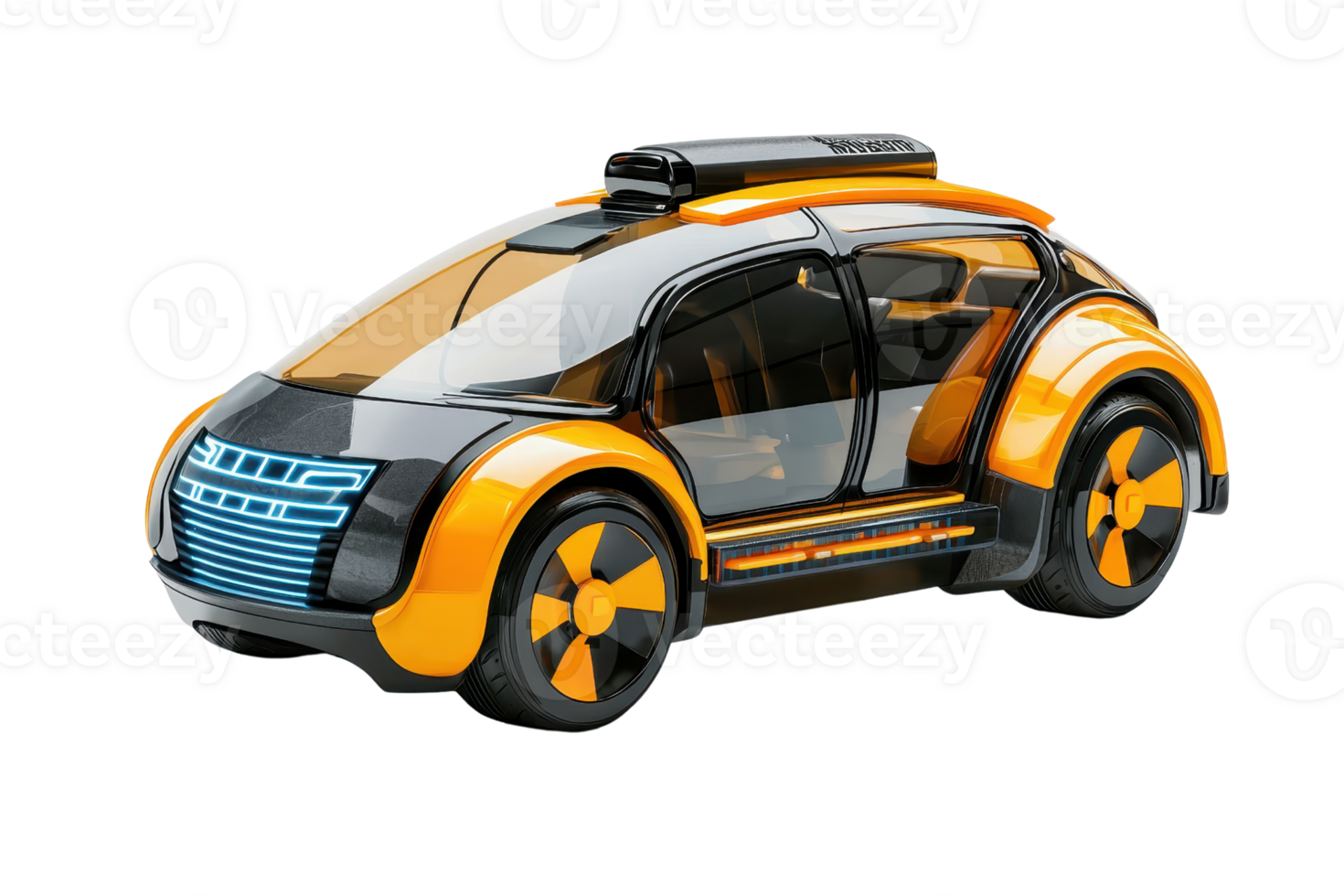 A futuristic car model featuring a sleek design with bright orange and black colors, showcasing innovative features and modern aesthetics. png