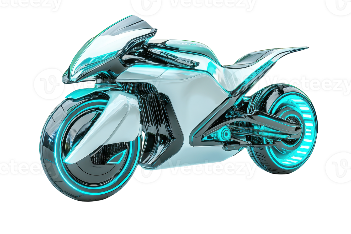 A futuristic motorcycle featuring sleek design, vibrant neon accents, and advanced aerodynamic features. png