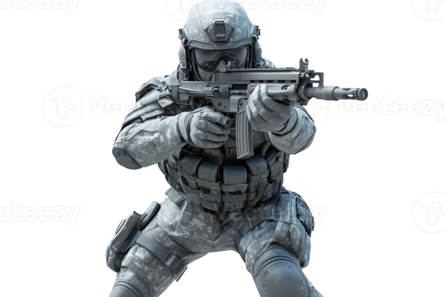 A tactical soldier aiming a firearm, dressed in full combat gear and equipped for a mission. png