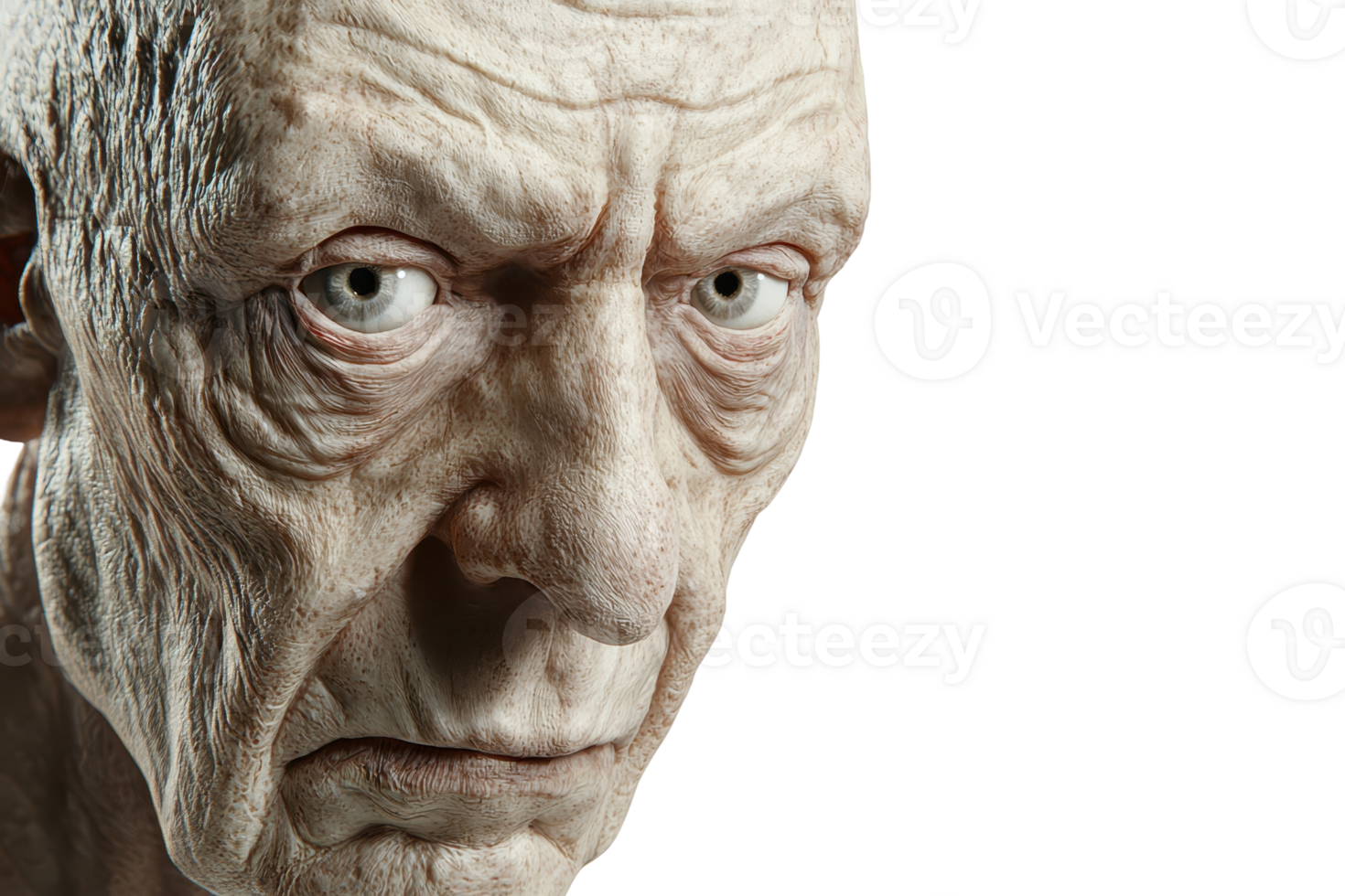 A hyper-realistic portrayal of an elderly man's face, showcasing intricate textures, deep wrinkles, and expressive eyes against a dark background. png
