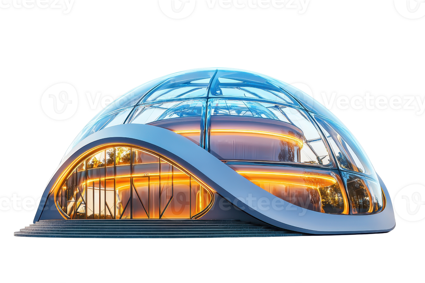 A futuristic dome-shaped structure with large glass panels and warm interior lighting, showcasing an innovative architectural design. png