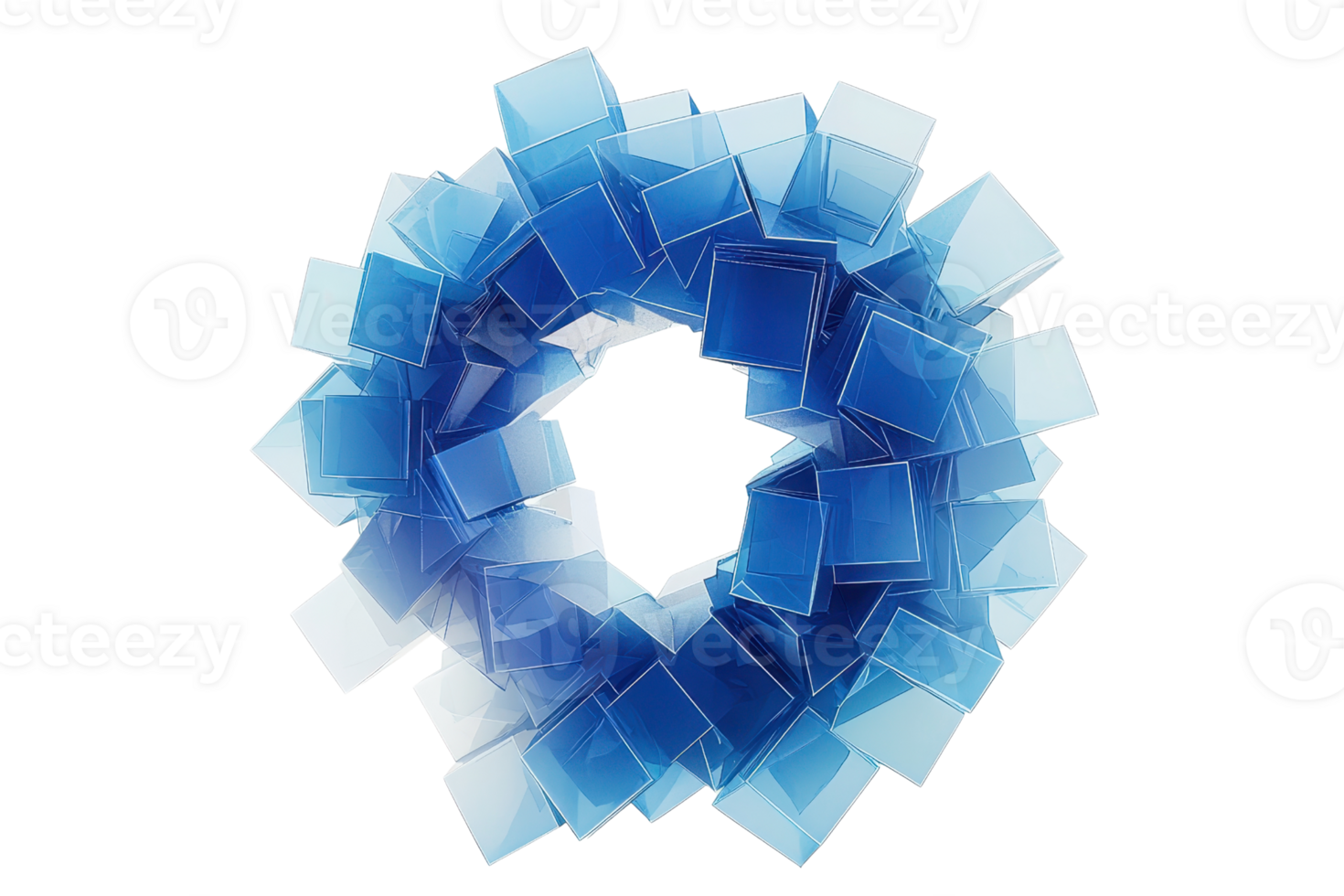A circular arrangement of layered blue squares creating an intricate, geometric design. png
