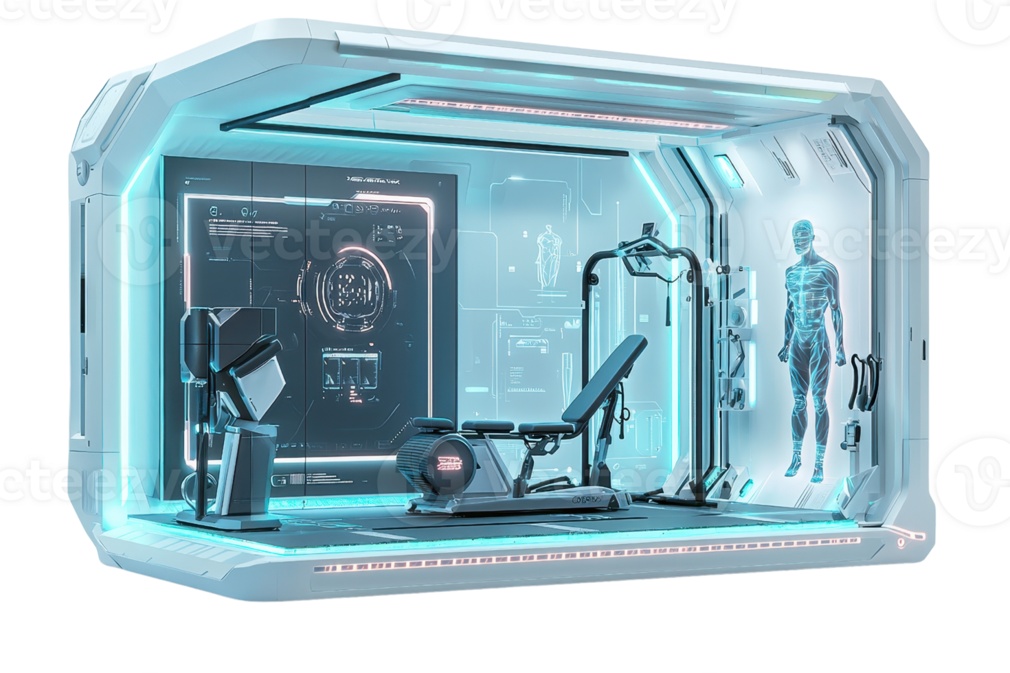 A futuristic medical chamber equipped with advanced technology and a reclining examination chair. png