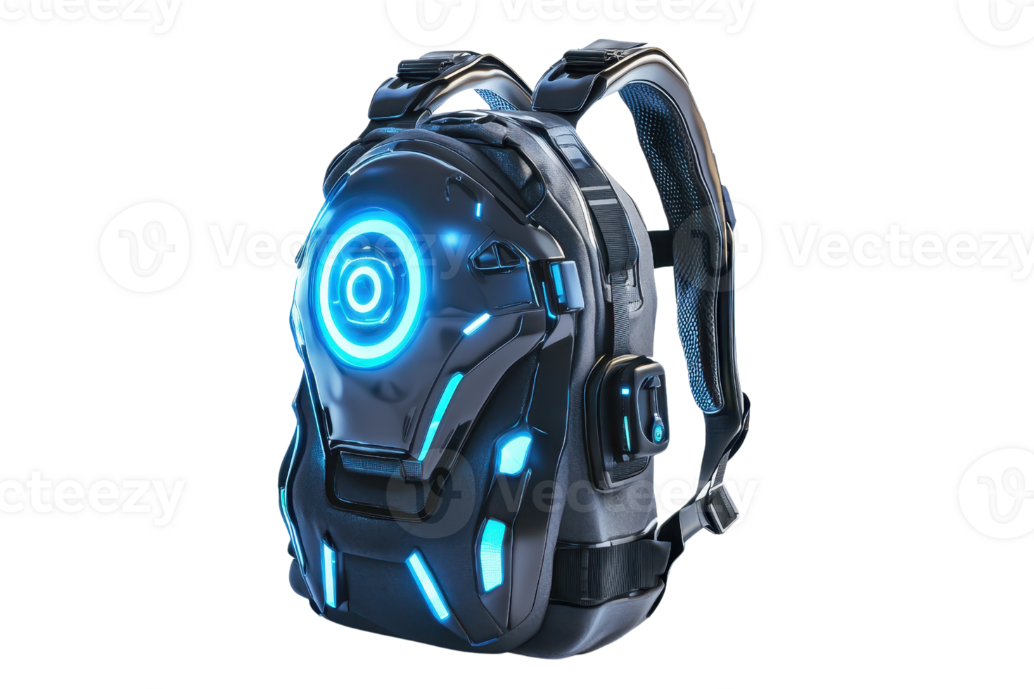 A futuristic backpack featuring glowing blue accents and an illuminated circular design, perfect for tech enthusiasts or gamers. png