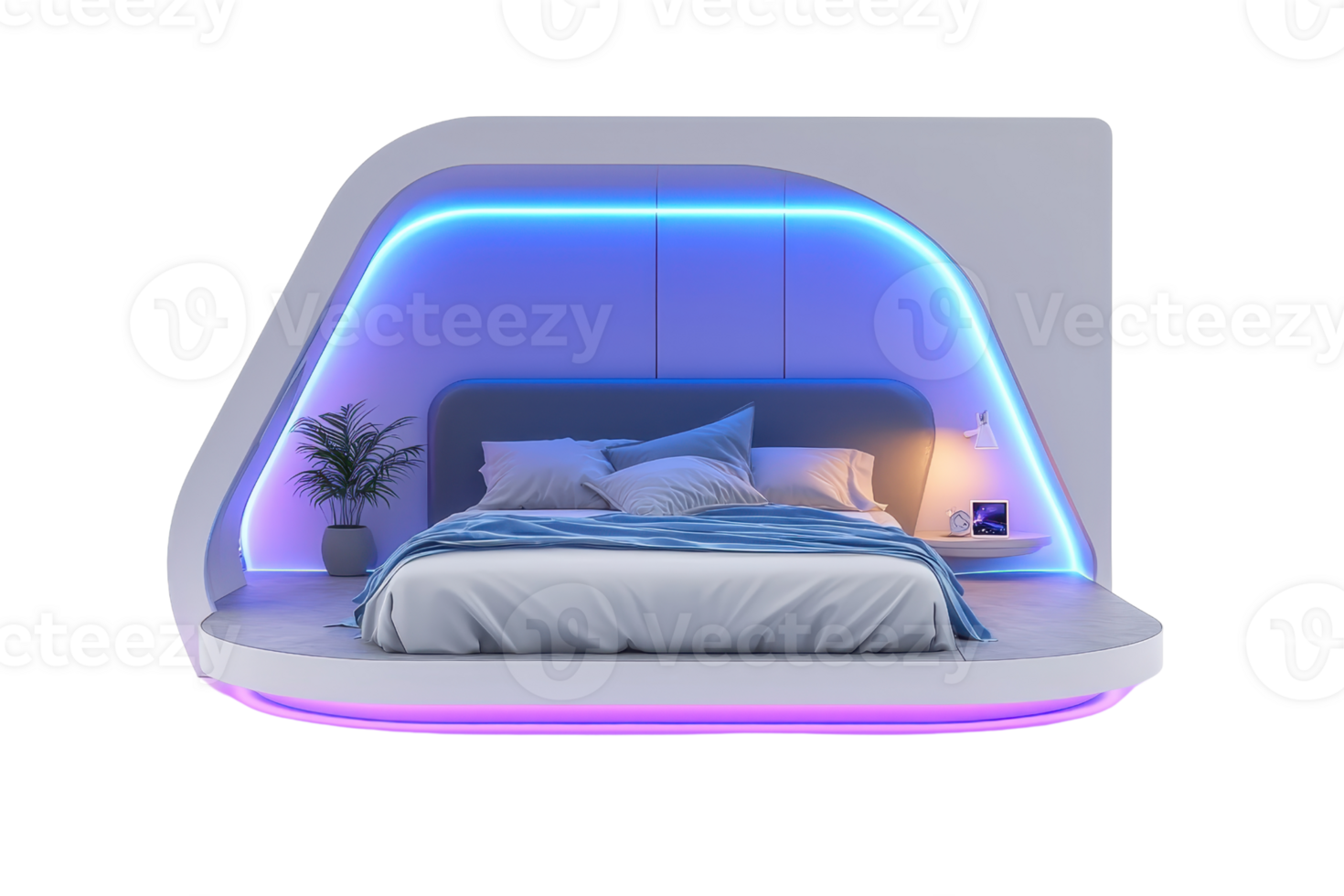 A modern bed design featuring curved lines, blue ambient lighting, and a cozy arrangement of pillows and bedding. png
