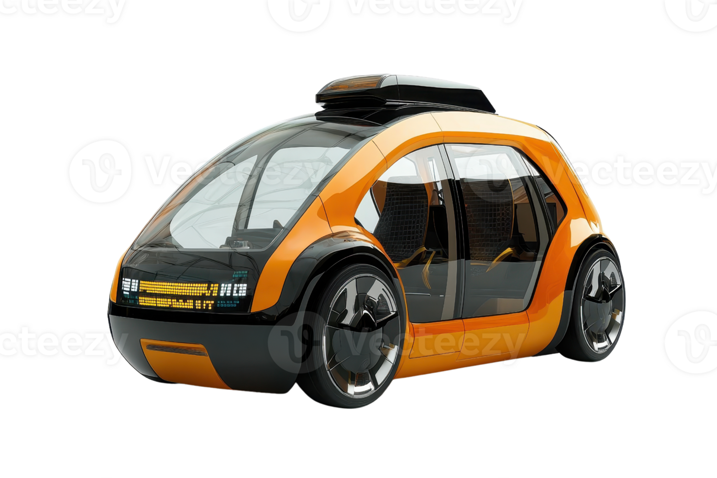 A futuristic, compact vehicle with an orange and black design, featuring a unique structure and large wheels. png