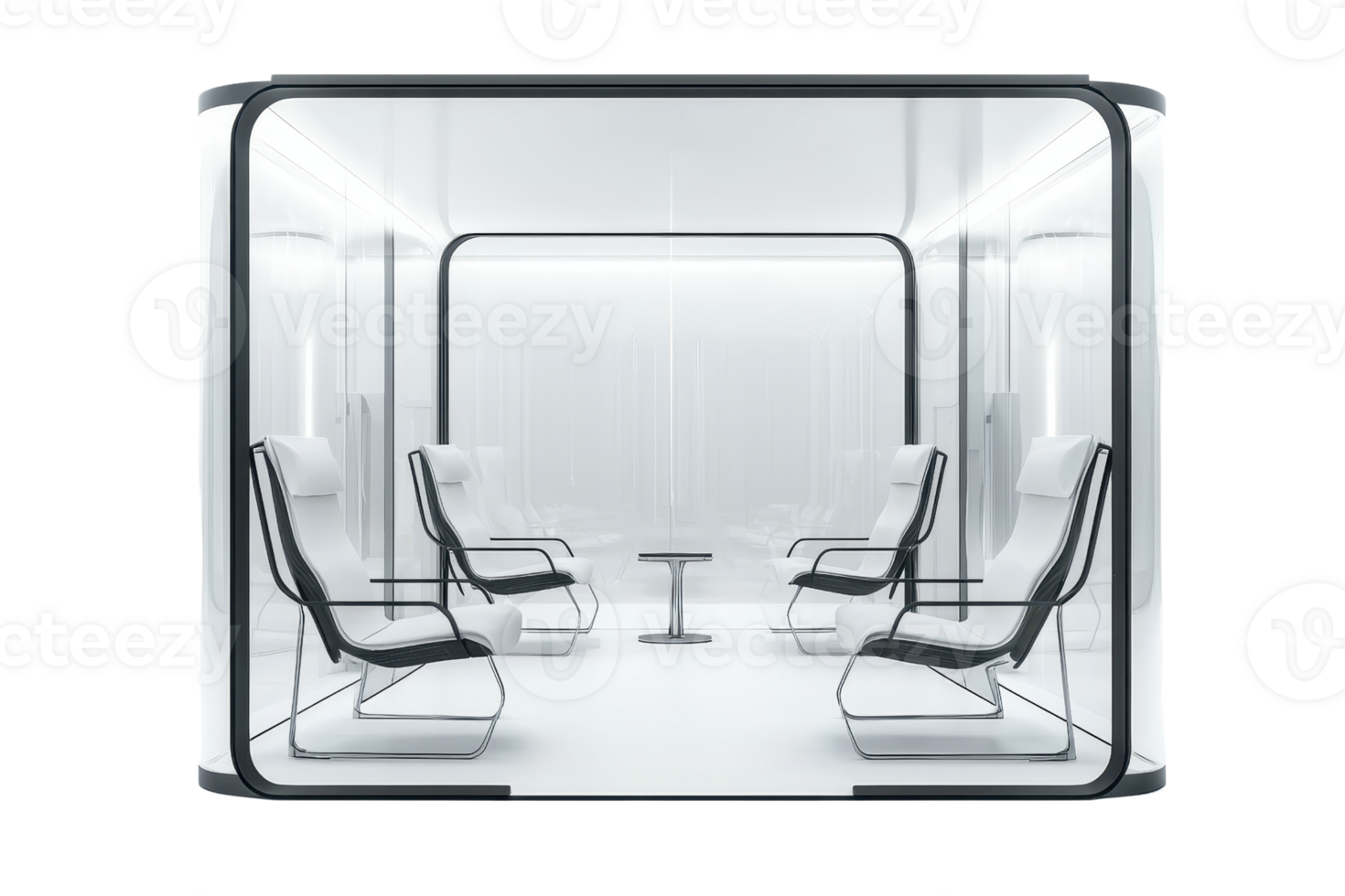 A modern seating area featuring sleek chairs arranged around a central table within a minimalist enclosure. png