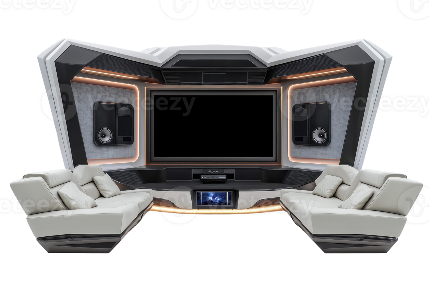 A modern entertainment space featuring a curved sectional sofa, large screen, and integrated audio system, designed for comfort and immersive viewing experiences. png