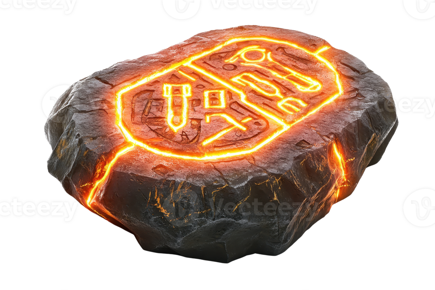 A glowing rock with intricate markings and a molten appearance, showcasing a fiery orange light emanating from within. png