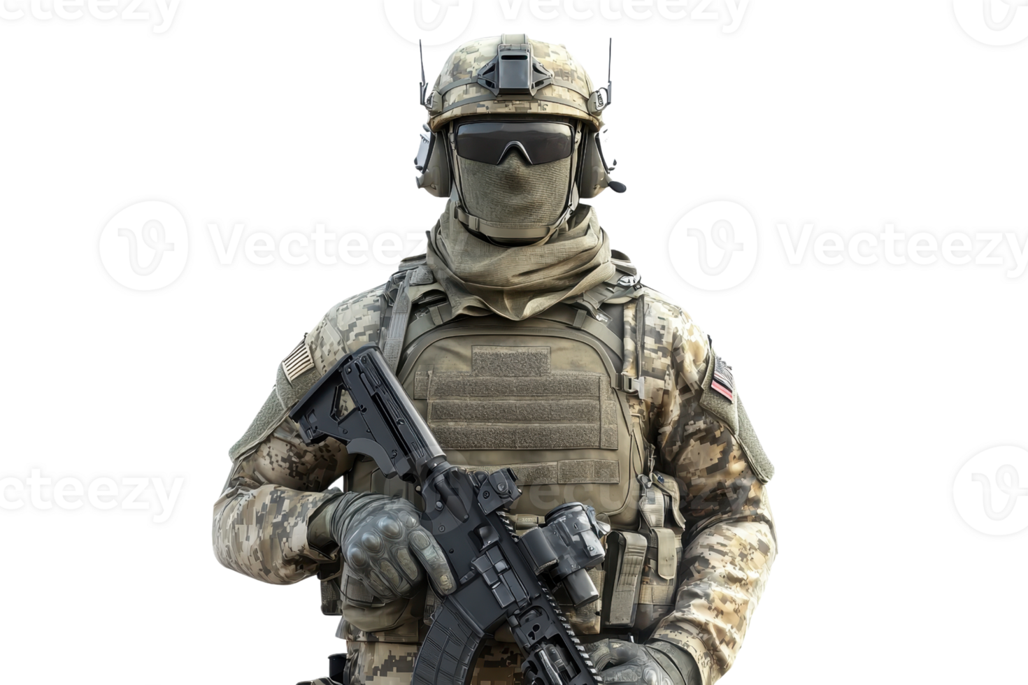 A soldier in tactical gear holds a rifle, showcasing military readiness and advanced protective equipment. png