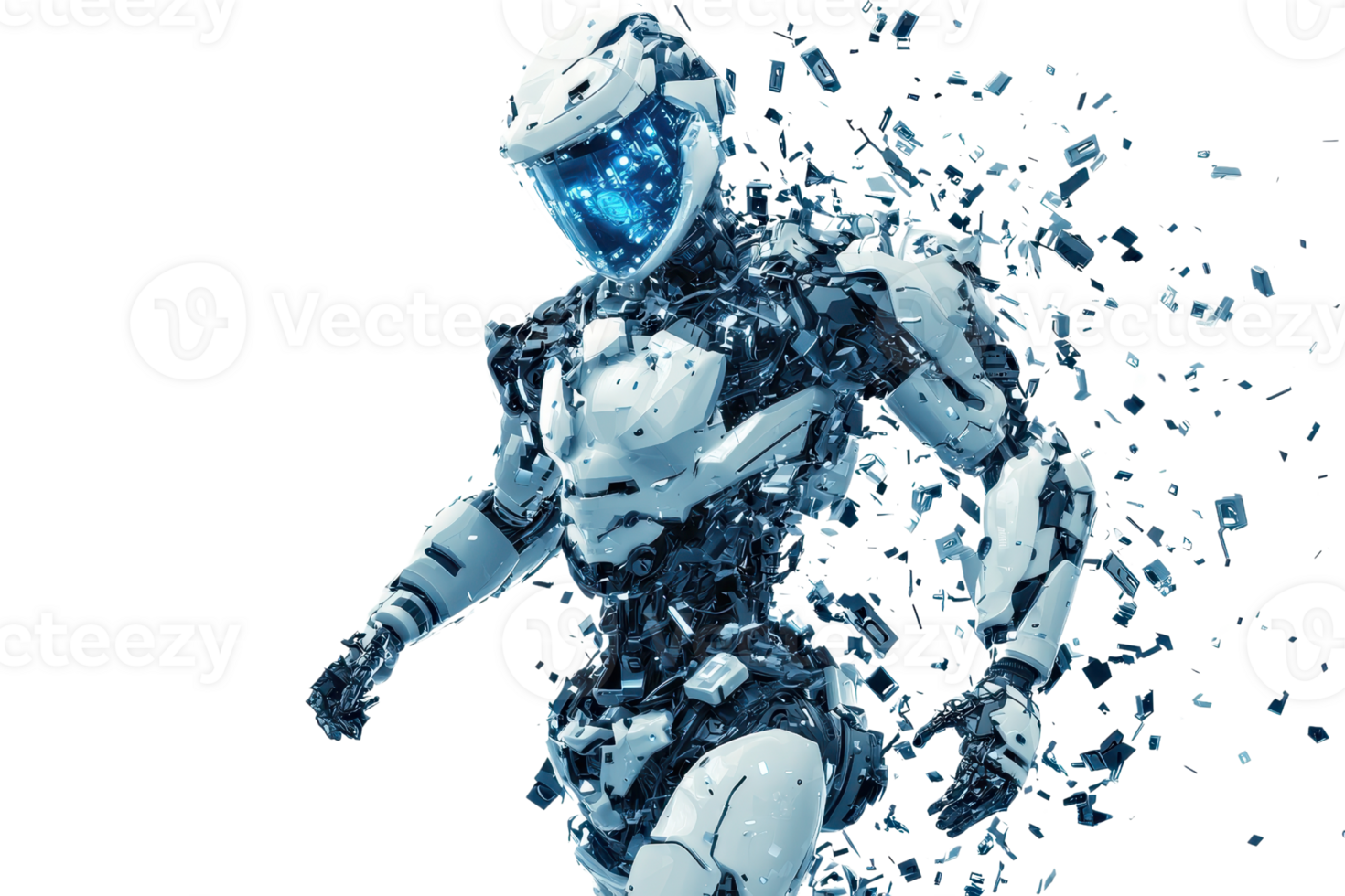 A futuristic robotic figure appears to be breaking apart, showcasing intricate details and a glowing blue visor. png
