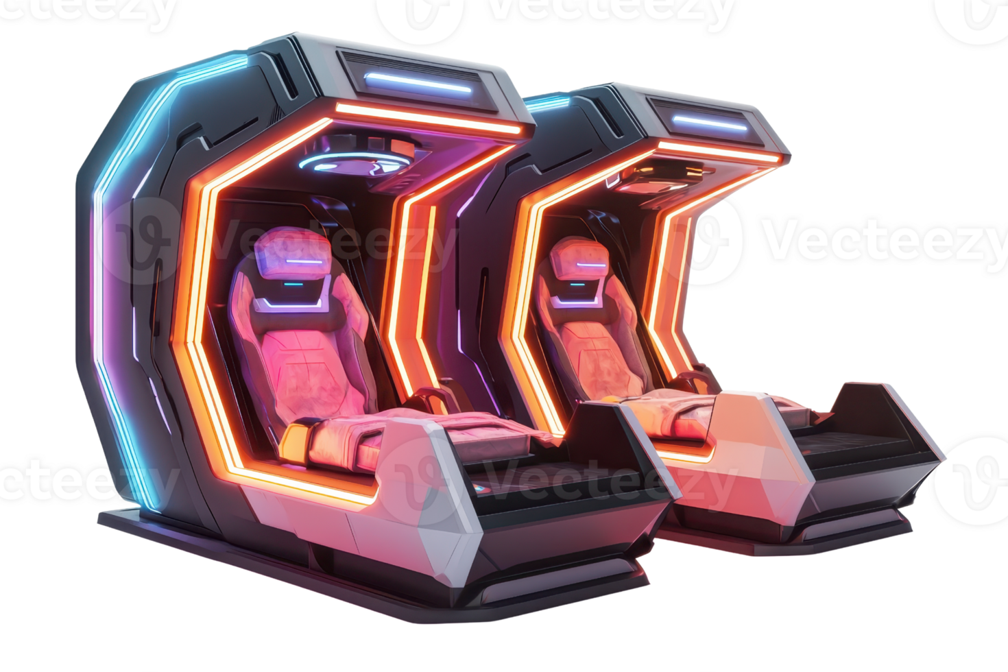 Futuristic gaming pods with vibrant LED lights and ergonomic seating designed for immersive virtual experiences. png
