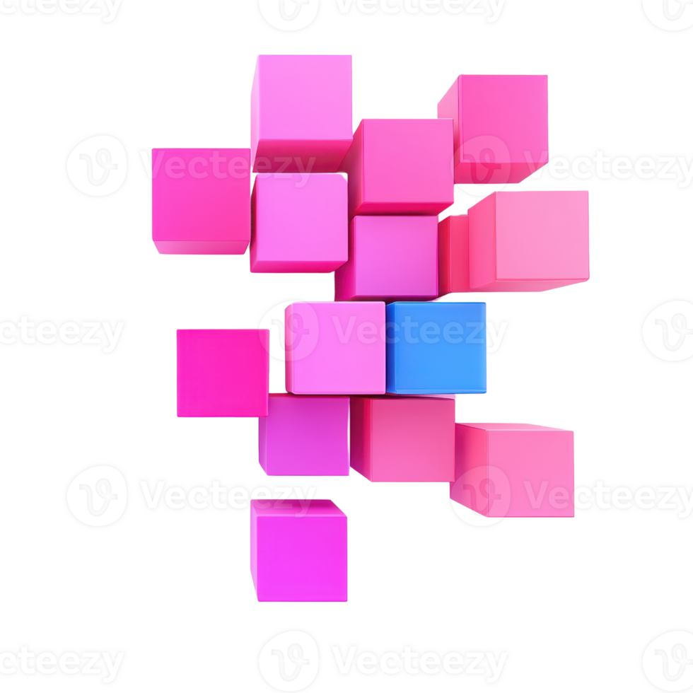 A vibrant arrangement of cubes in various shades of pink and blue, creating a three-dimensional structure. png