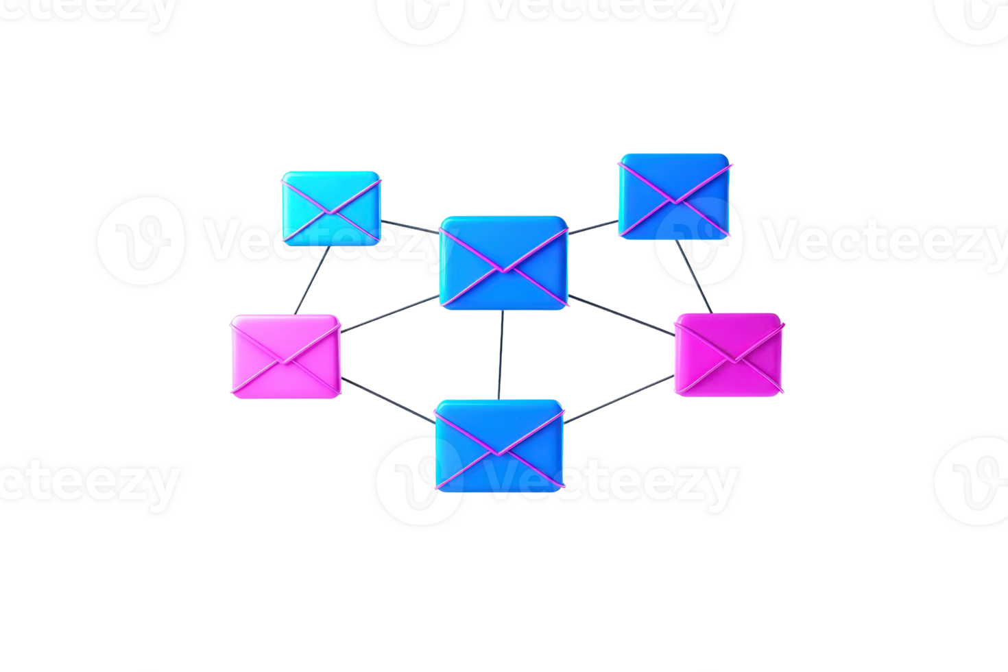 A network of colorful envelopes connected by lines, representing communication and information exchange. png
