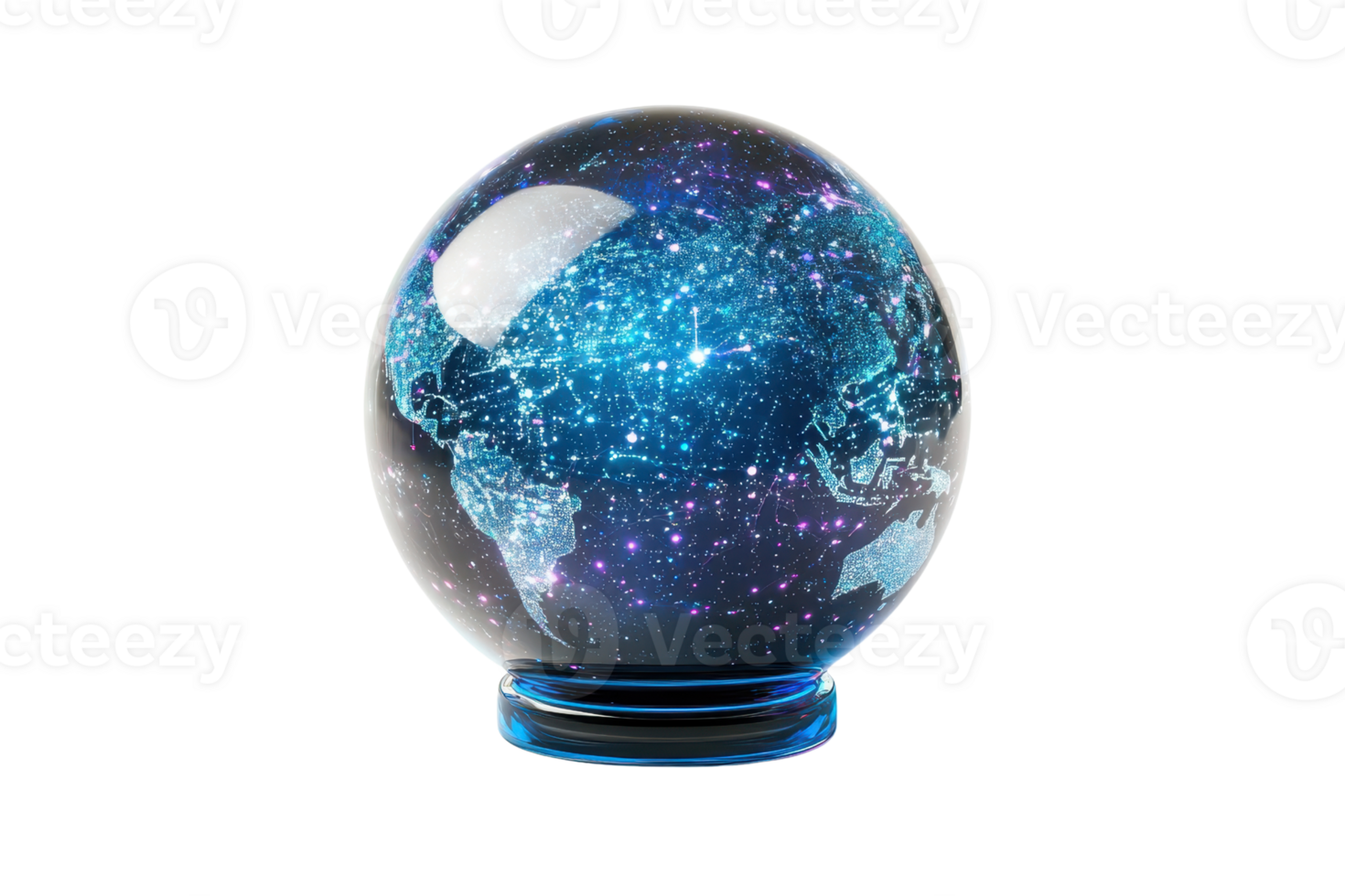 A crystal globe displaying a cosmic map filled with vibrant stars and galaxies, symbolizing the universe's vastness and beauty. png