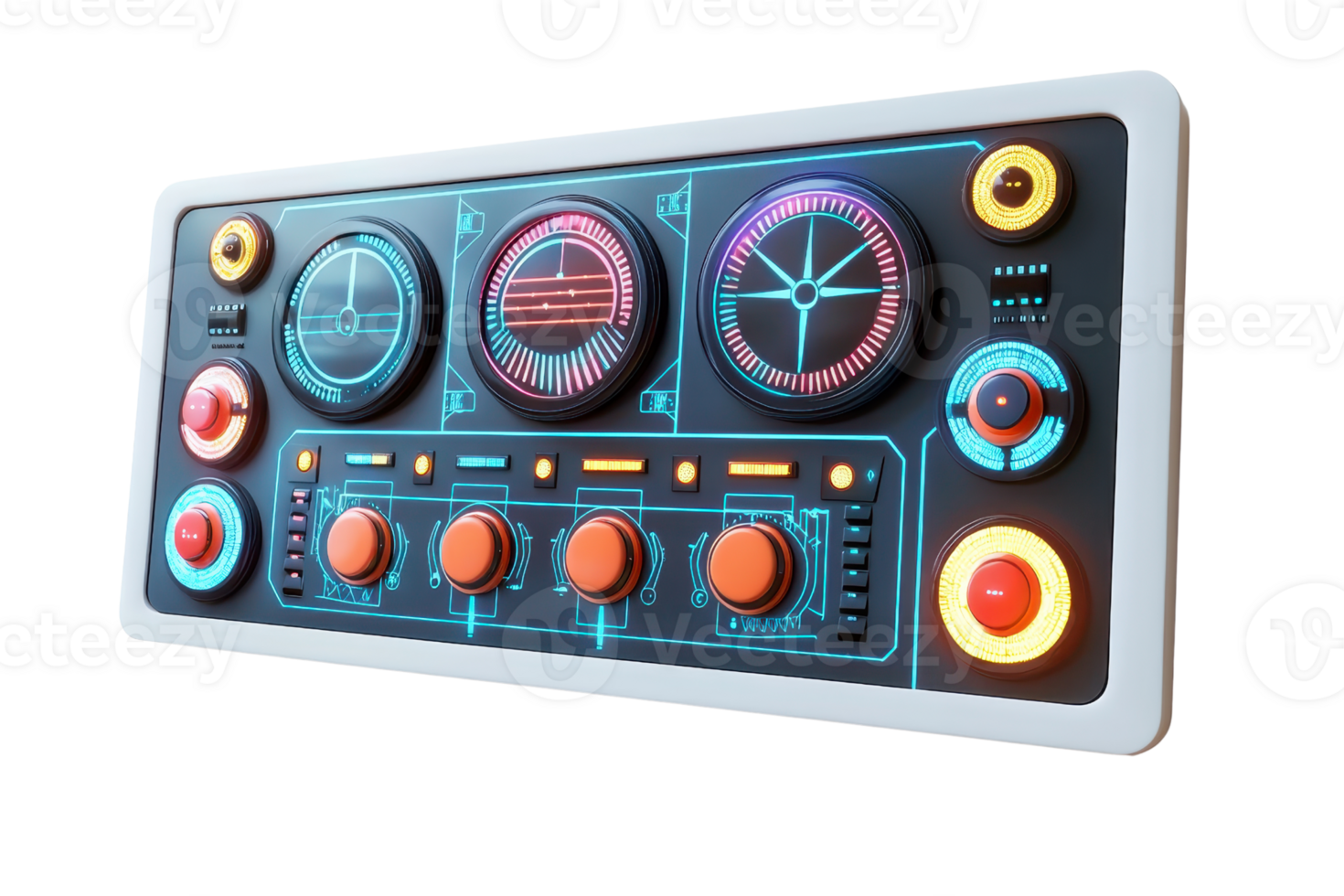 A futuristic control panel featuring various dials, buttons, and illuminated displays designed for advanced technology interfaces. png