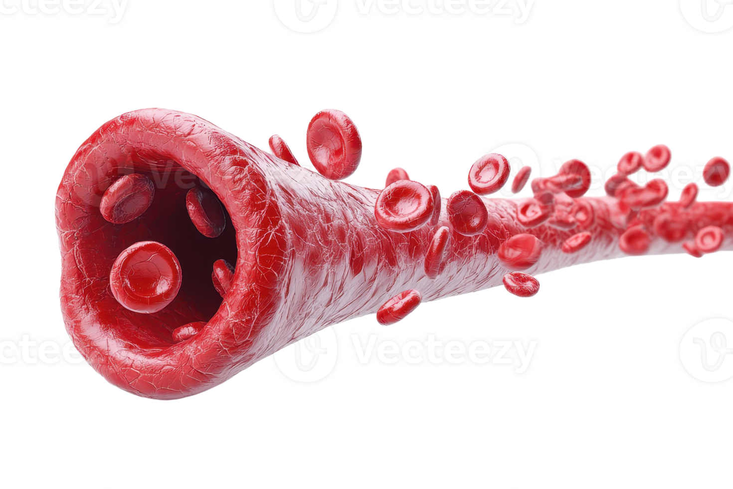 A dynamic representation of a blood vessel with red blood cells flowing through it, illustrating circulation in the human body. png