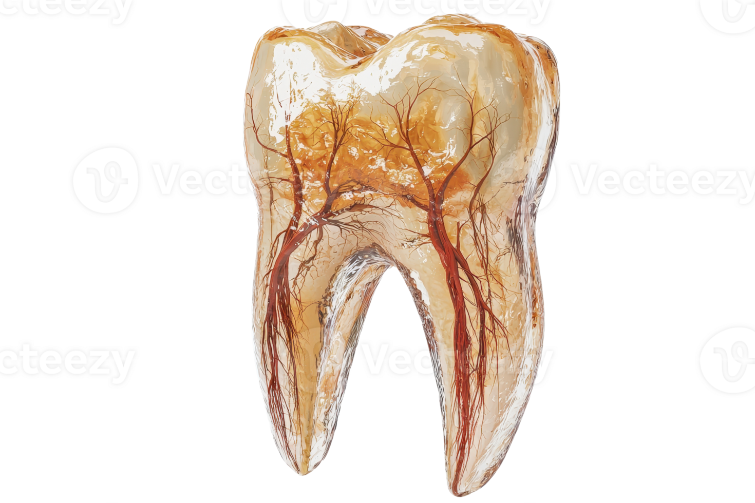 A detailed representation of a tooth showing intricate internal structures and veins. png