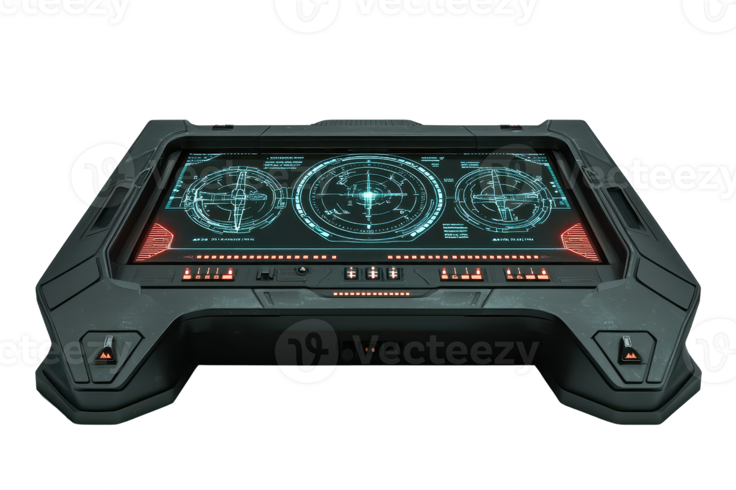 A futuristic control panel featuring digital displays, dials, and buttons designed for advanced technological applications. png