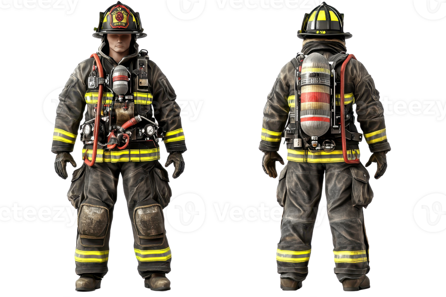 A firefighter in a detailed suit equipped with essential gear for fire safety and rescue operations. png
