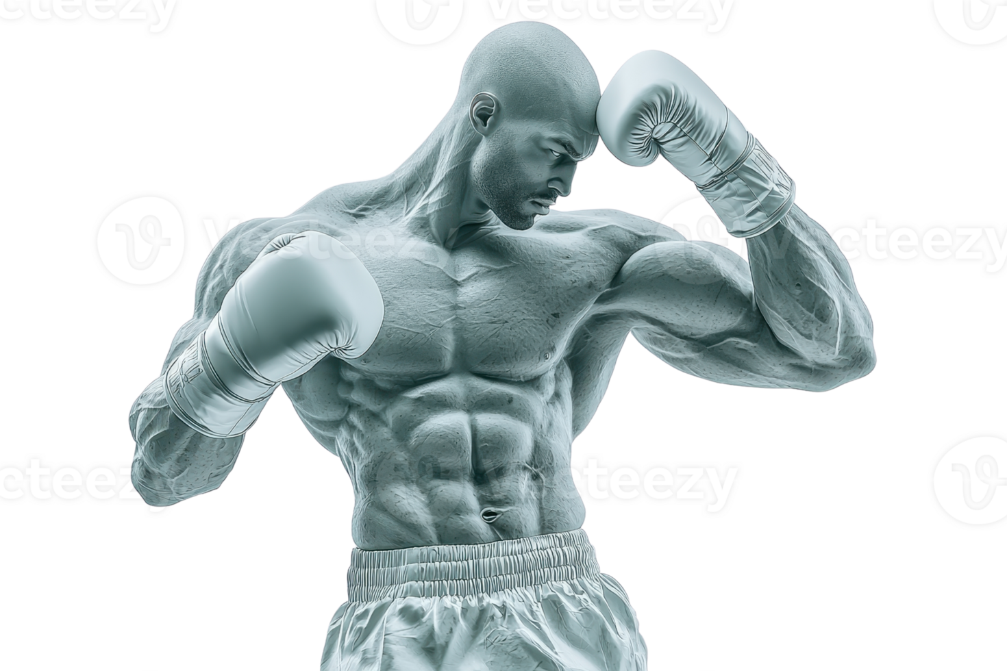 A muscular boxing figure strikes a powerful pose, showcasing strength and athleticism with raised fists. png