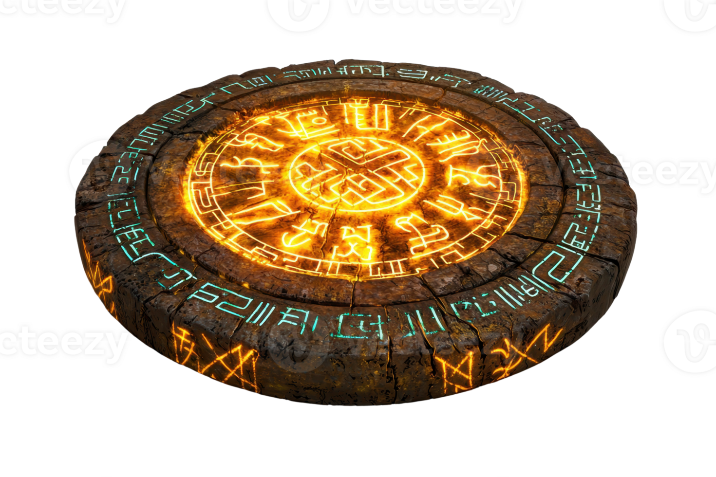 A circular stone artifact illuminated with glowing symbols and intricate designs, suggesting an ancient, mystical significance. png