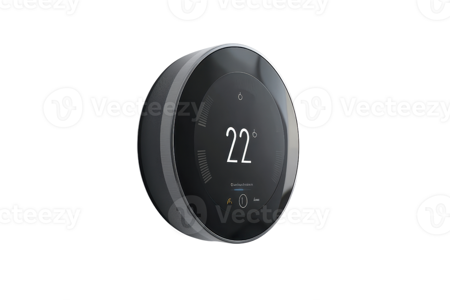 A sleek, modern thermostat displays a digital temperature reading of 22 degrees, showcasing a minimalist design. png