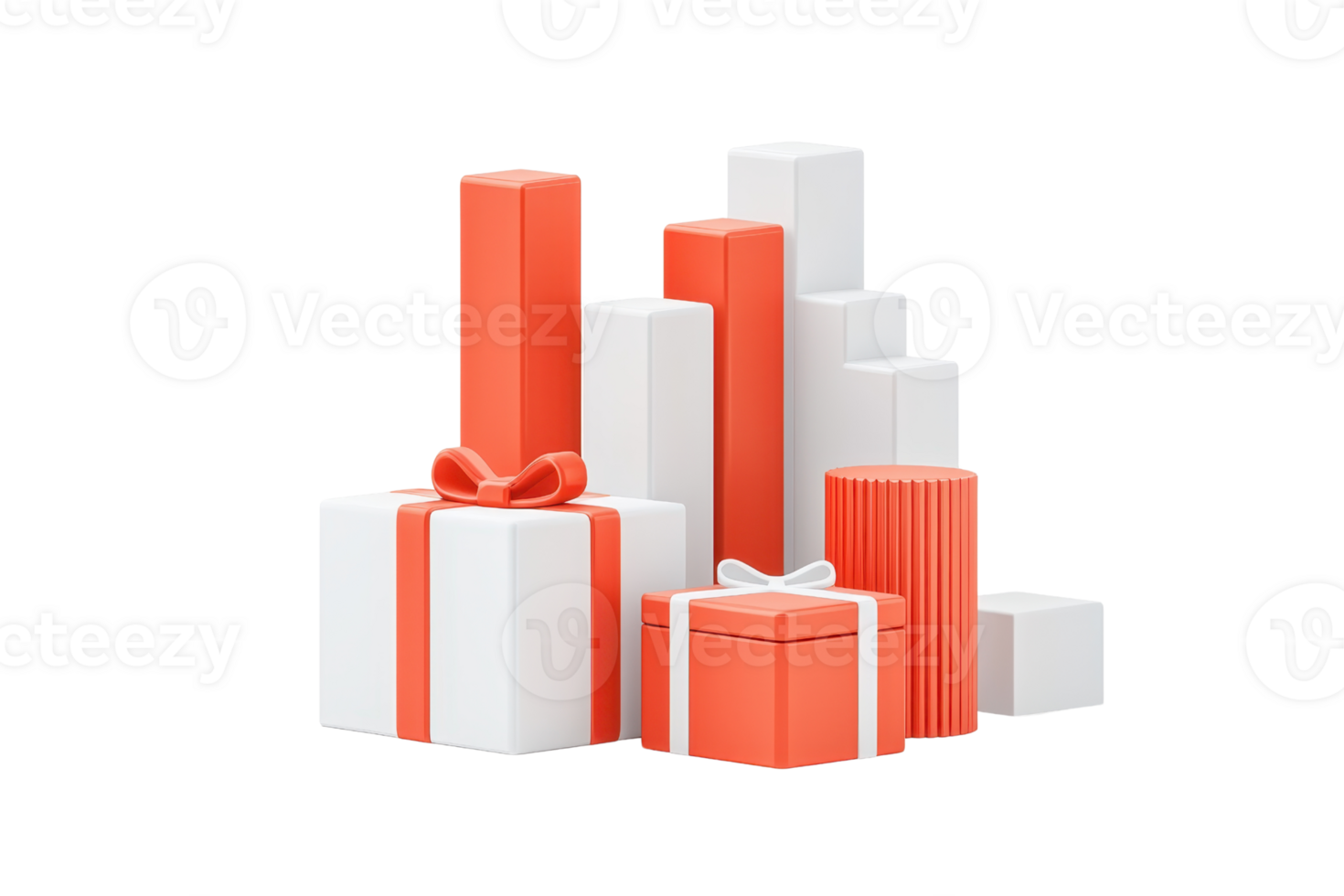 A collection of stacked gift boxes in various sizes, featuring a mix of white and orange colors, elegantly adorned with ribbons. png
