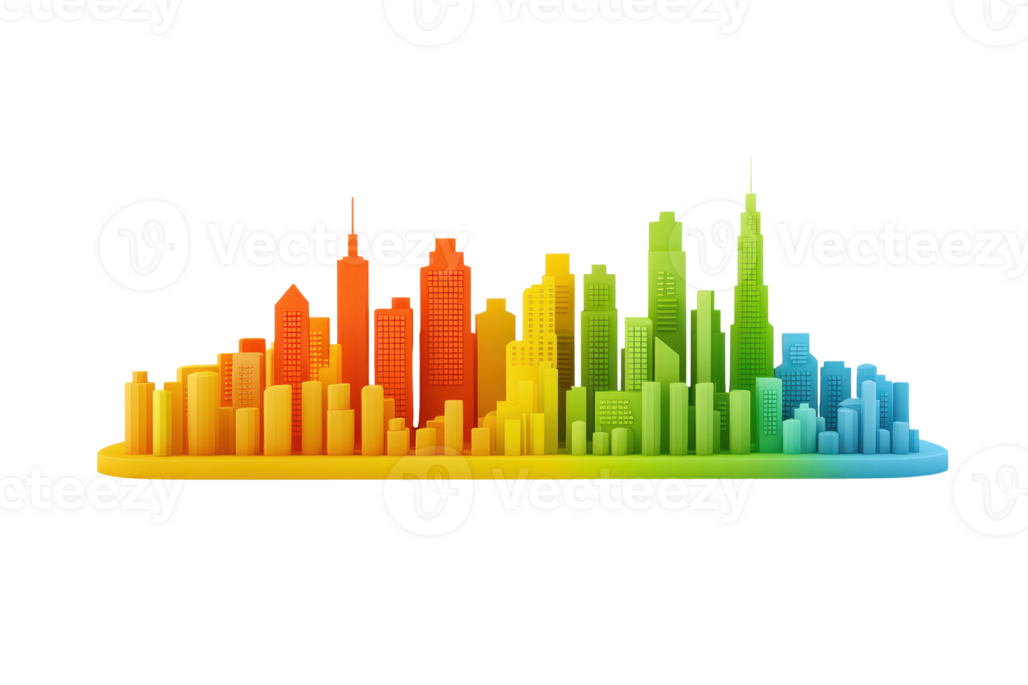 A colorful skyline composed of various building silhouettes arranged in a wave pattern, showcasing a gradient of vibrant colors. png