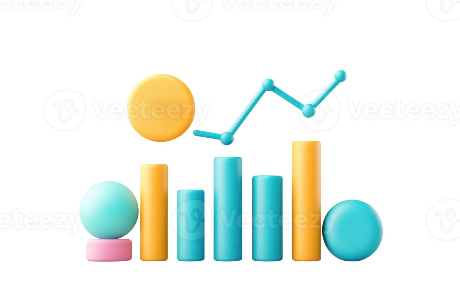A collection of colorful geometric shapes representing data visualization, including bars and a line graph. png