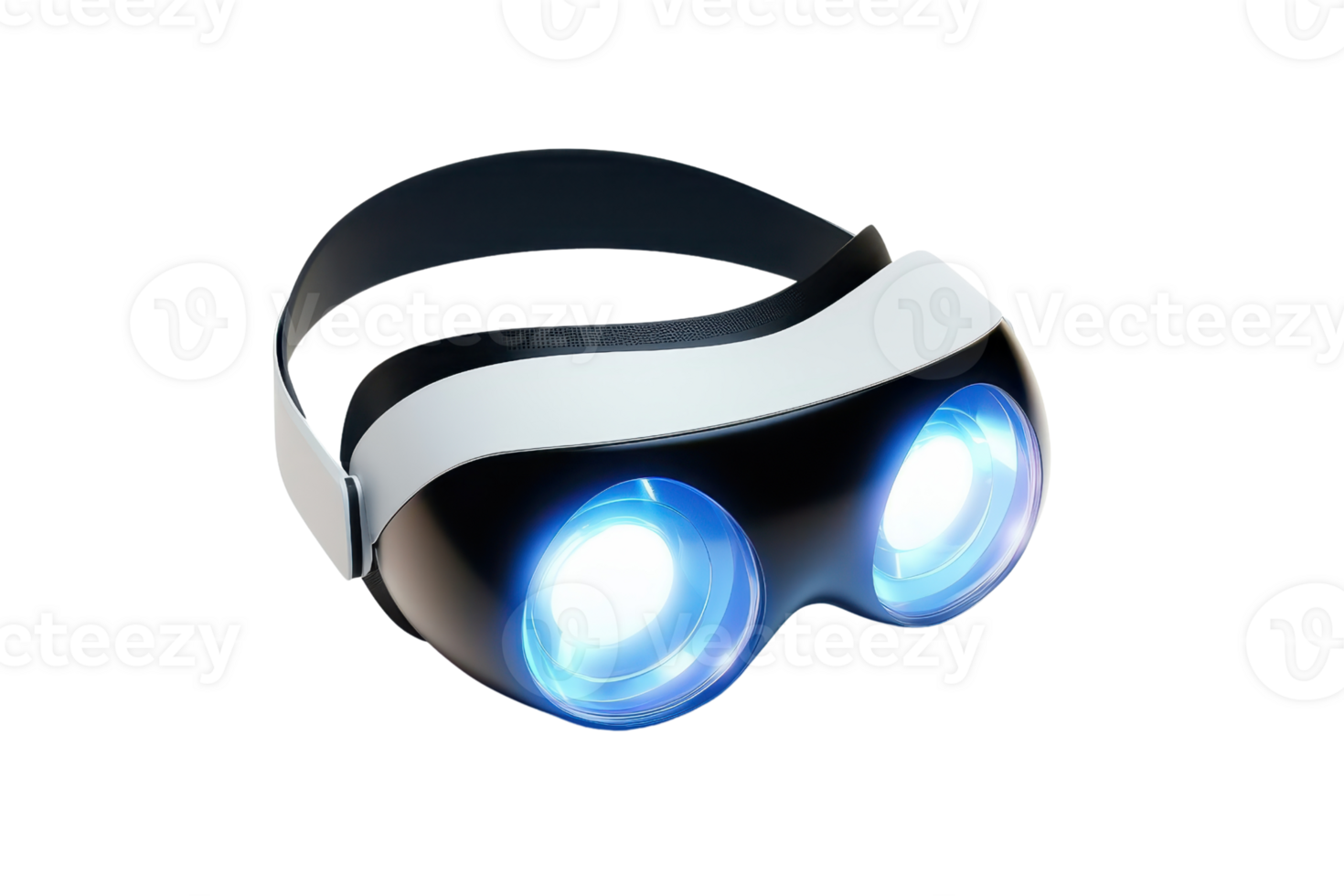 A sleek pair of futuristic goggles featuring bright blue lights, designed for immersive experiences. png