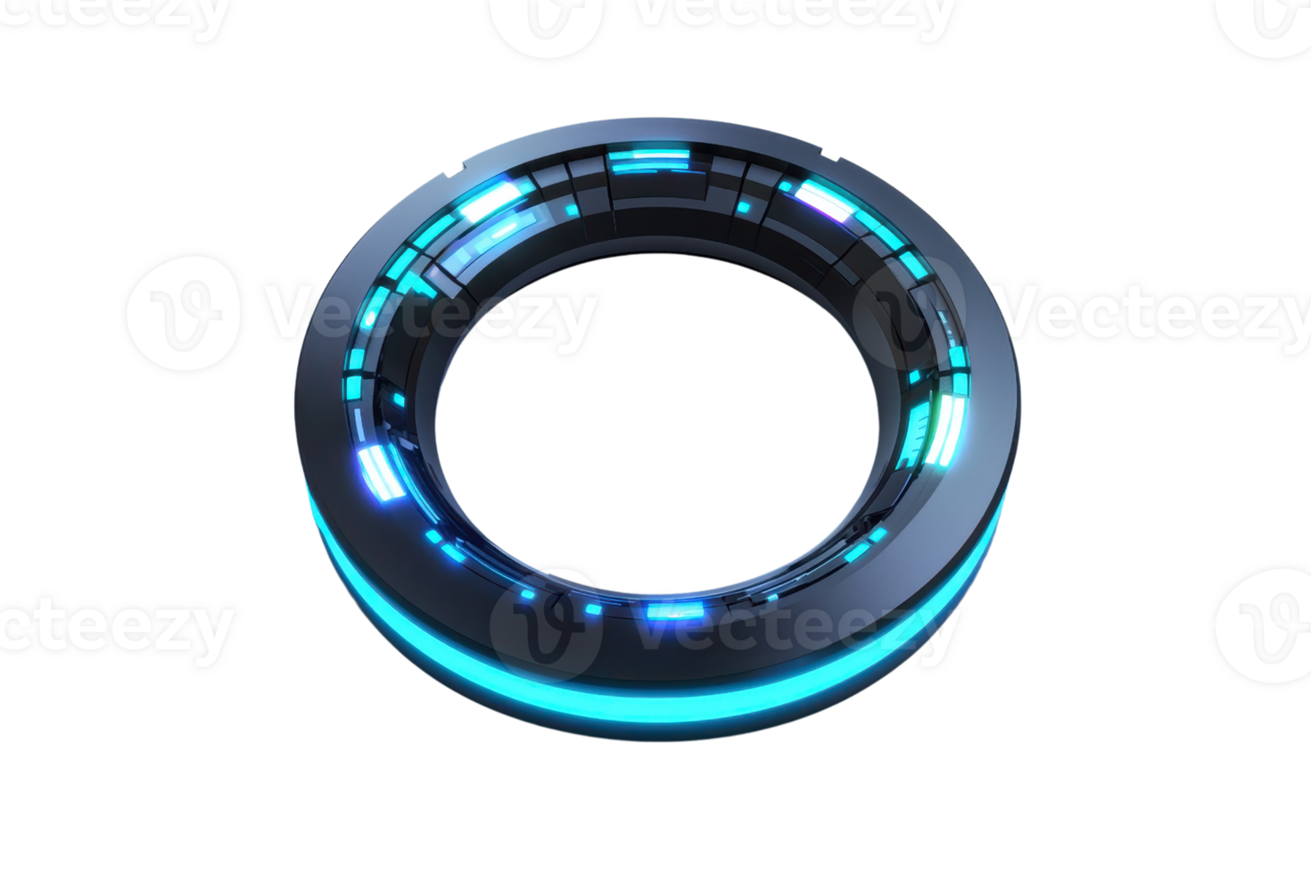 A futuristic circular object featuring glowing blue and green lights, with intricate designs around its perimeter. png