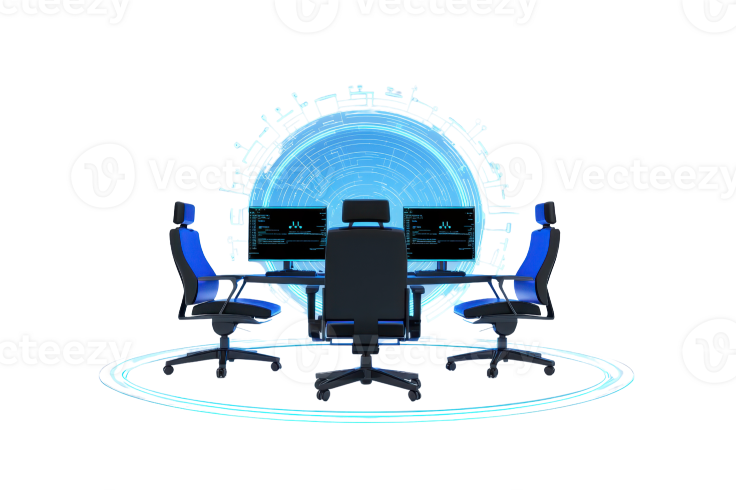 A modern control room setup featuring sleek chairs and multiple computer screens, centered around a glowing circular interface. png