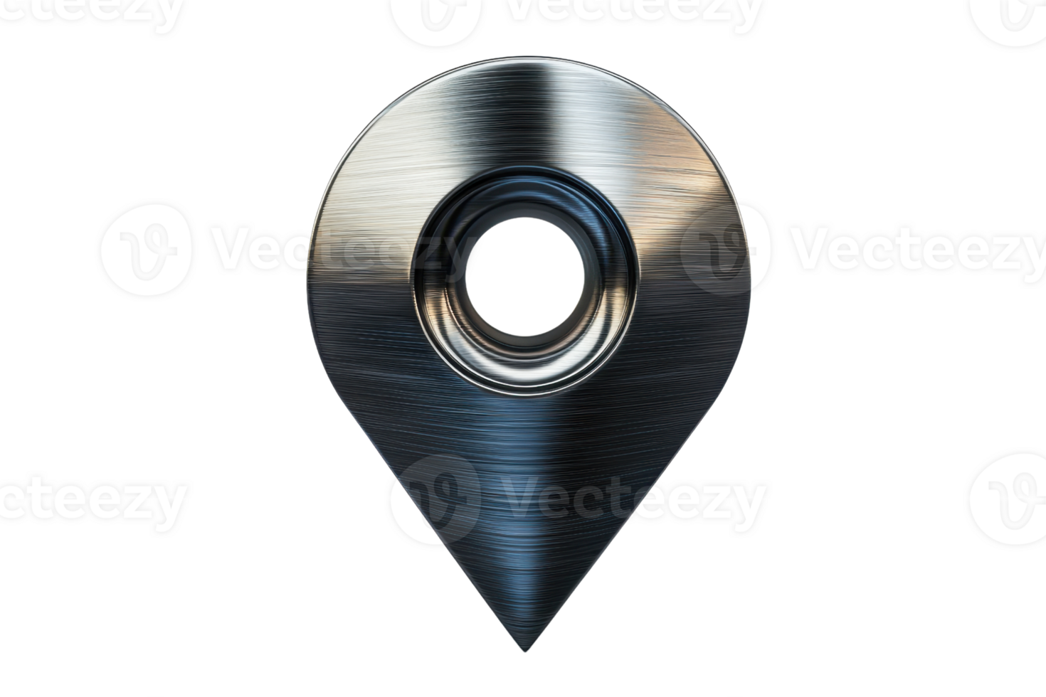 A metallic location pin with a circular hole at the center, featuring a smooth, brushed surface and a distinct pointed end. png