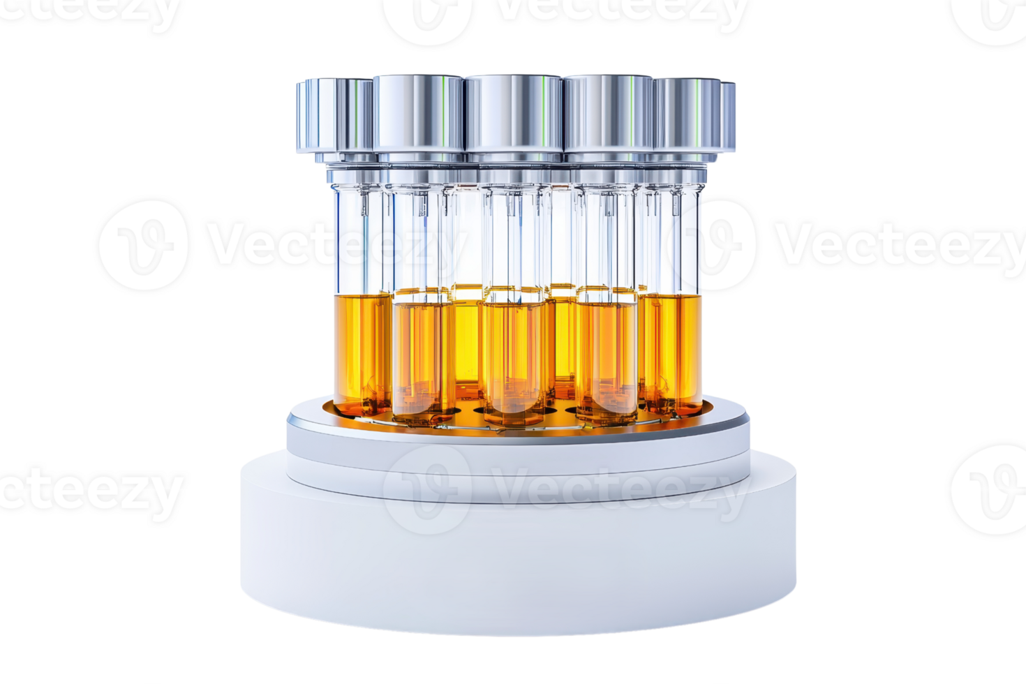 A set of laboratory test tubes filled with a golden liquid, arranged in a cylindrical holder. png