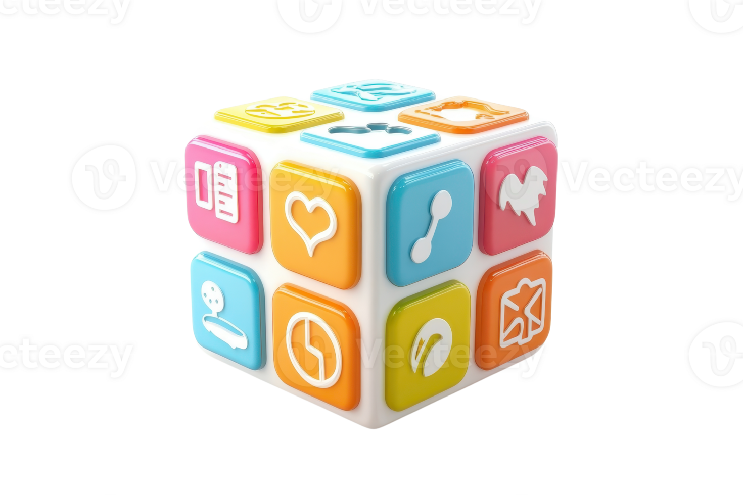A colorful toy cube featuring various playful icons on each face, designed for educational or recreational use. png
