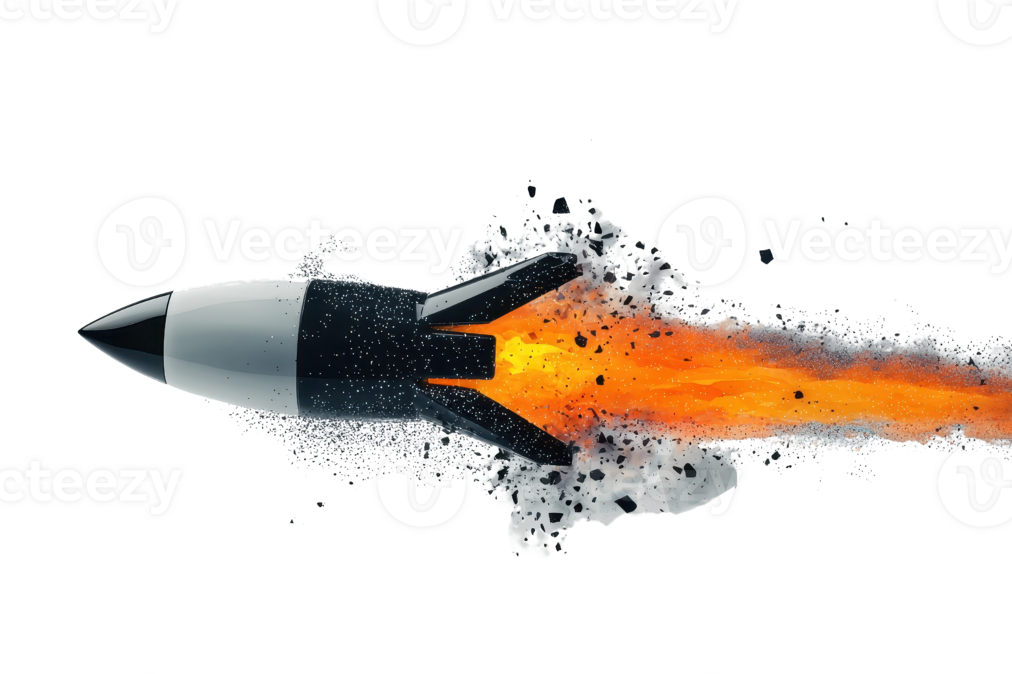 A sleek rocket propelling forward with a trail of vibrant flames and smoke, symbolizing speed and power. png