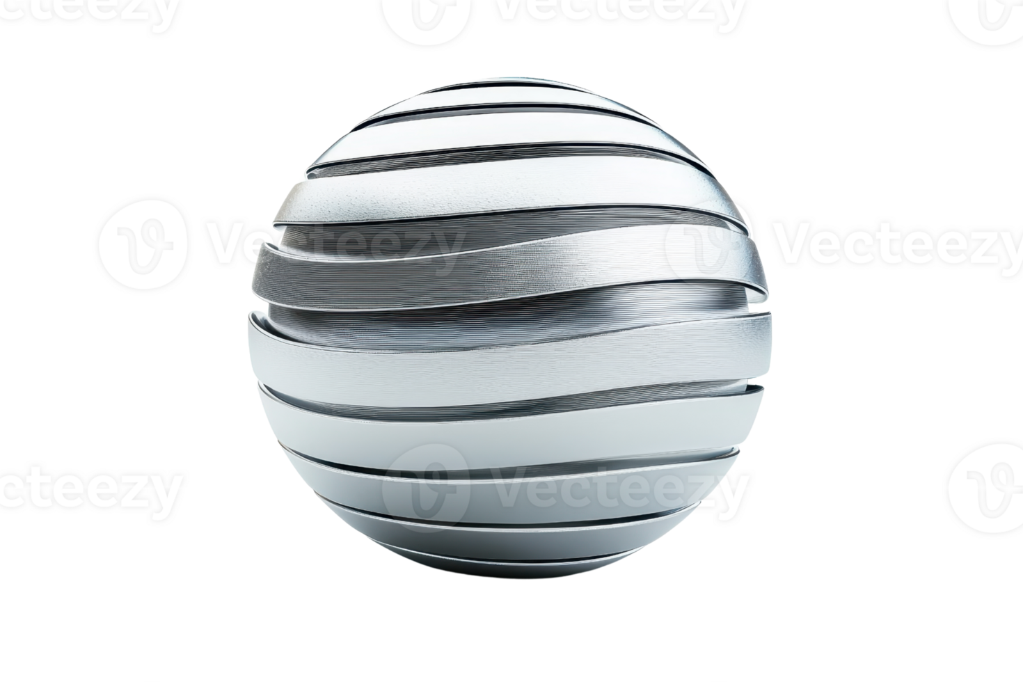A spherical object featuring alternating metallic and white stripes, showcasing a smooth surface and a modern design. png