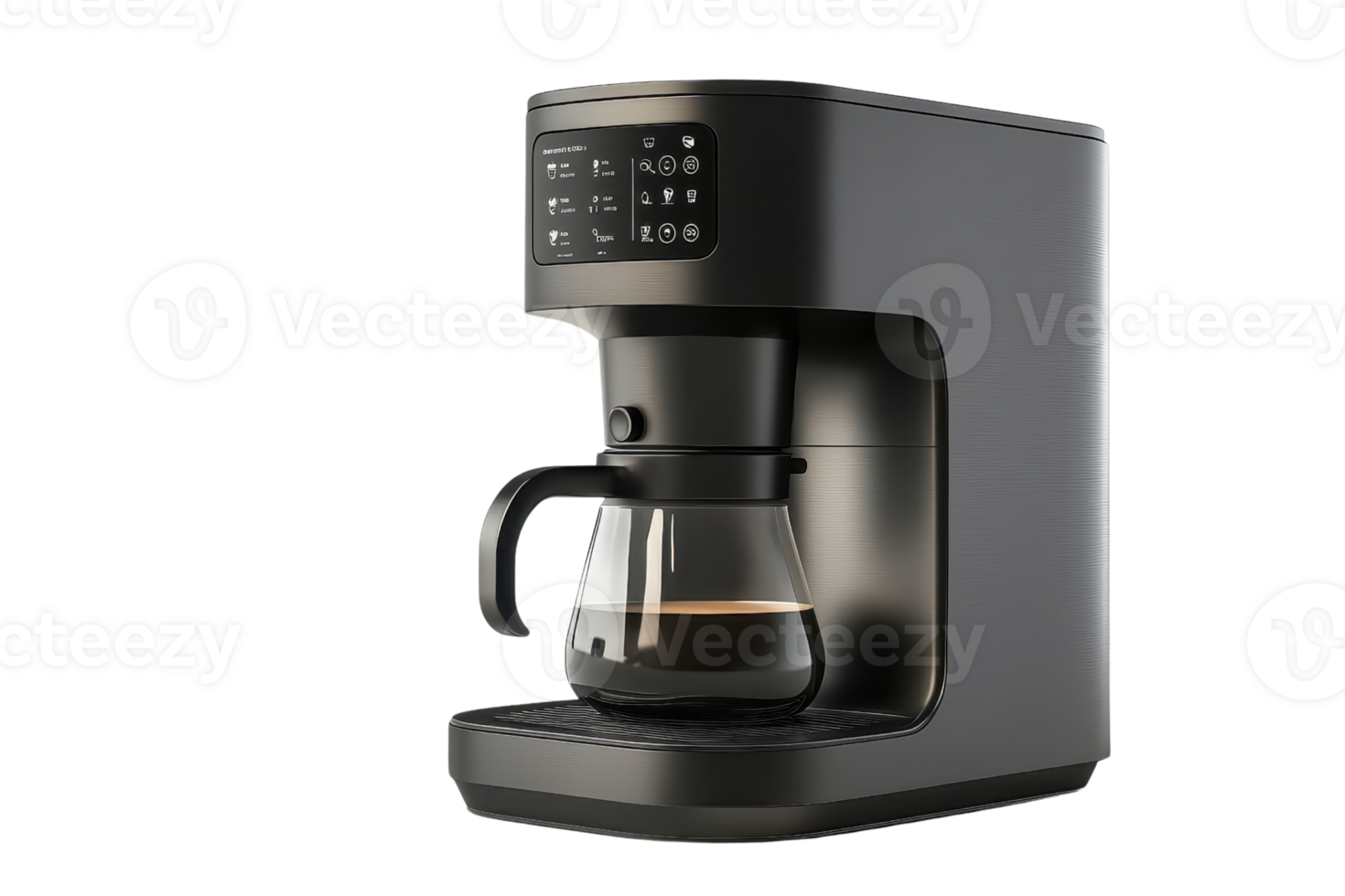 A sleek coffee maker with a glass carafe, featuring digital controls for easy brewing. png