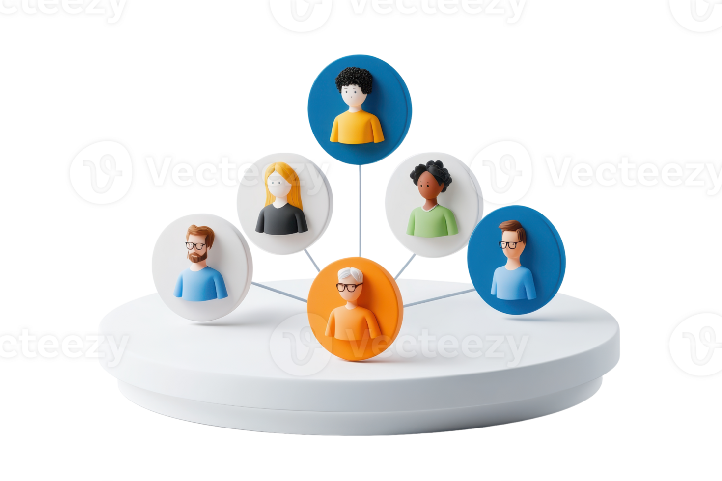 A set of diverse character icons arranged on a platform, each representing different individuals connected visually. png