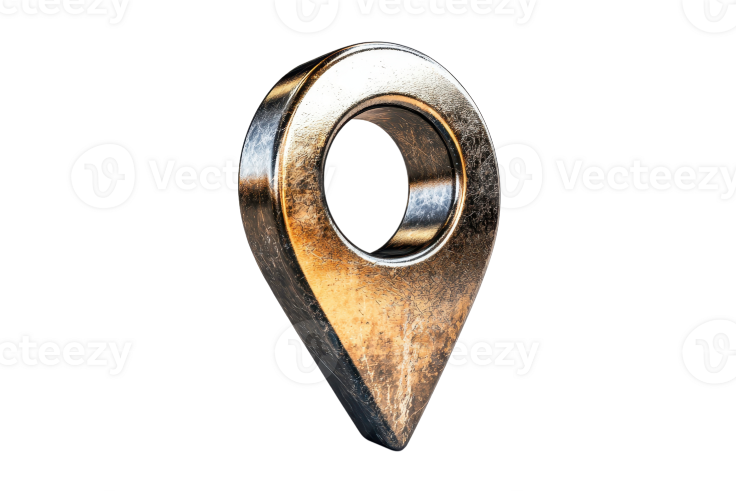 A metallic location pin with a circular hole, reflecting light and showcasing a polished finish. png