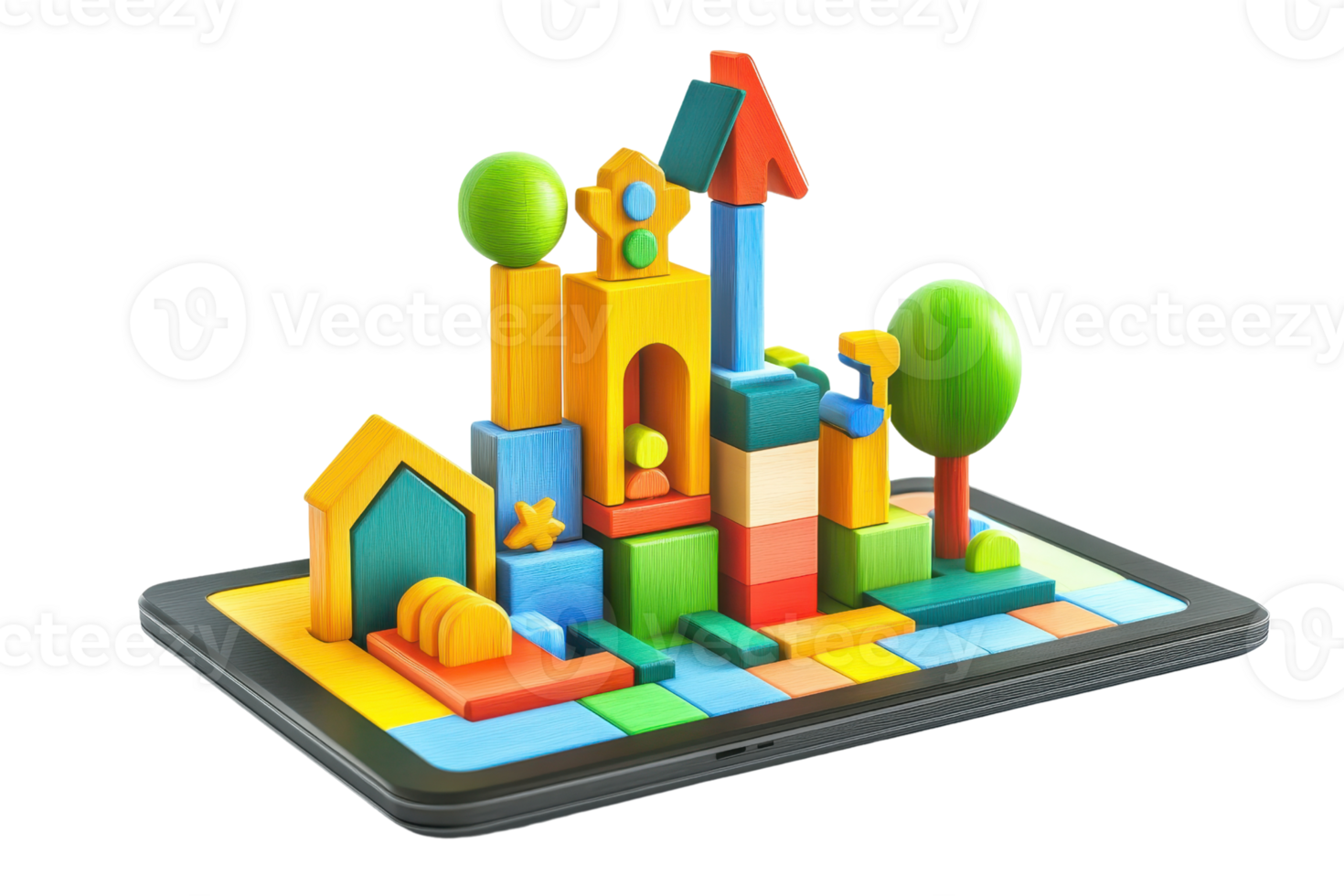 A colorful, playful arrangement of geometric blocks forming a whimsical structure on a flat surface. png