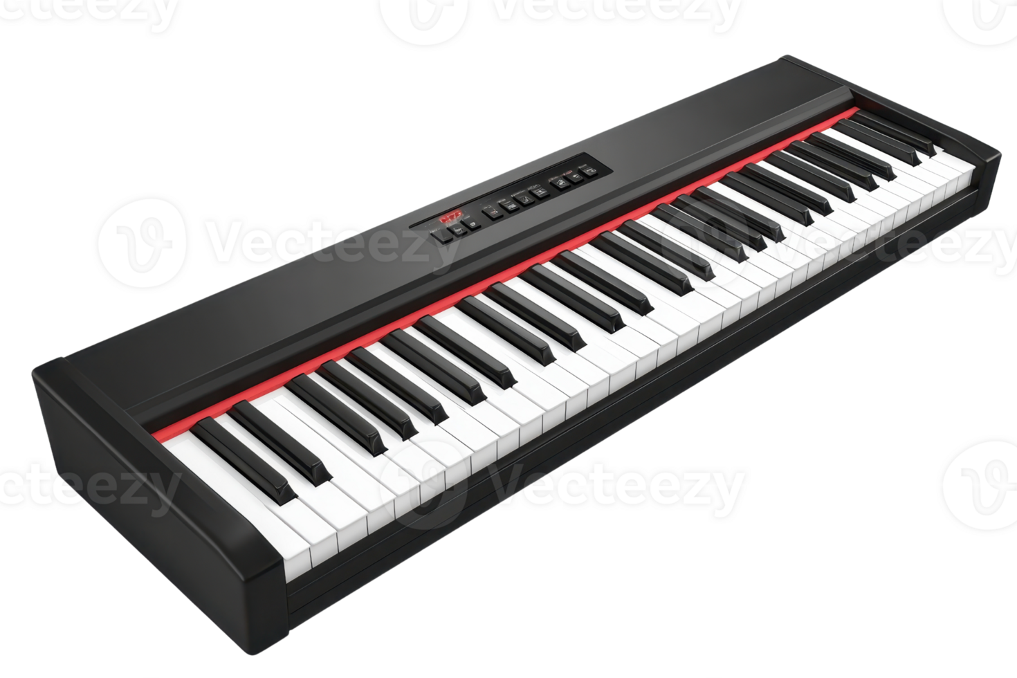 A digital piano with a sleek black design and red accents featuring a full set of white and black keys. png