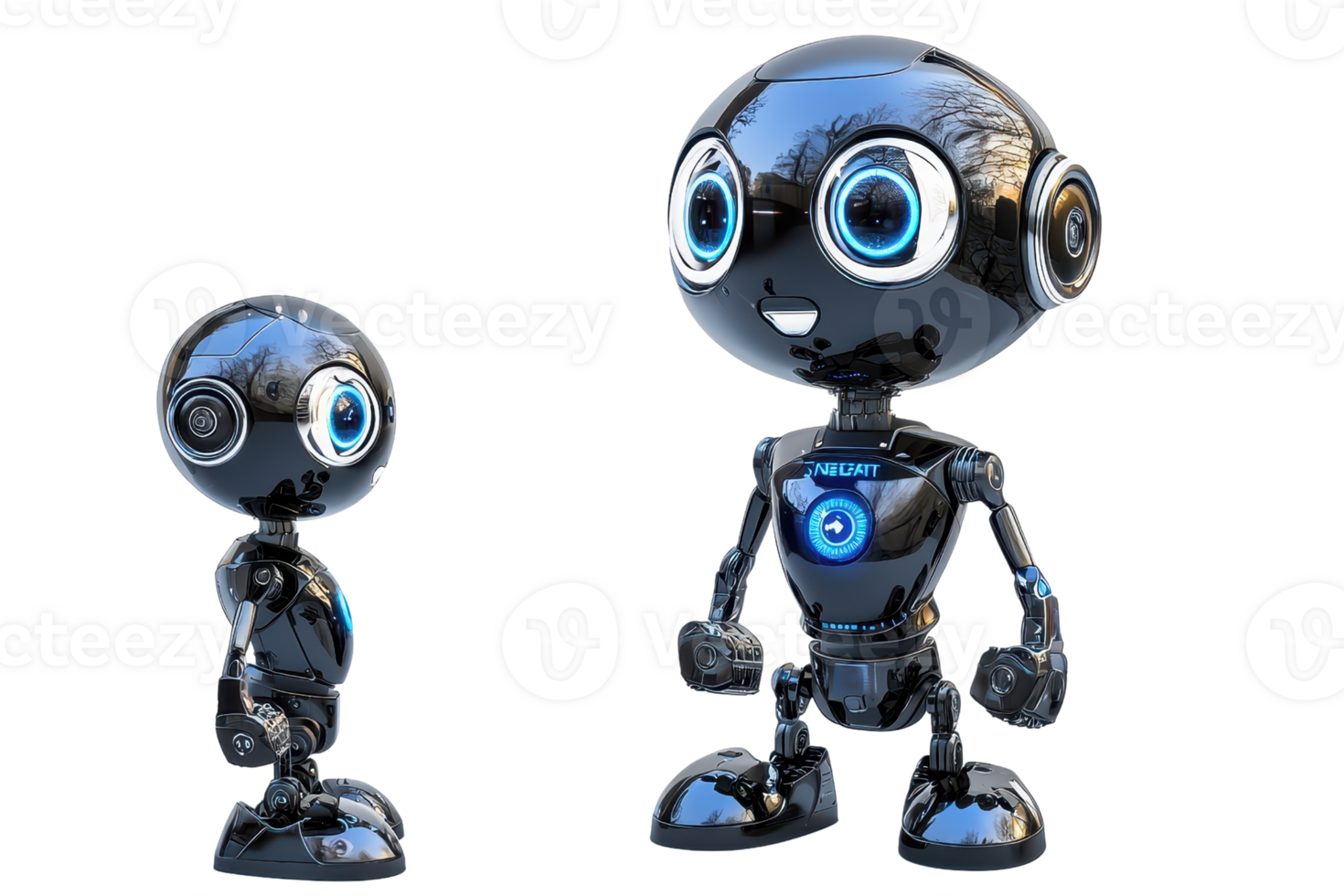 Two stylized robots, one small and one large, featuring shiny surfaces, expressive eyes, and a futuristic design. png