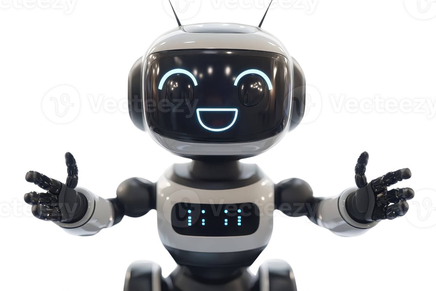 A friendly robot with a smiling face and welcoming arms, designed for interaction and engagement. png