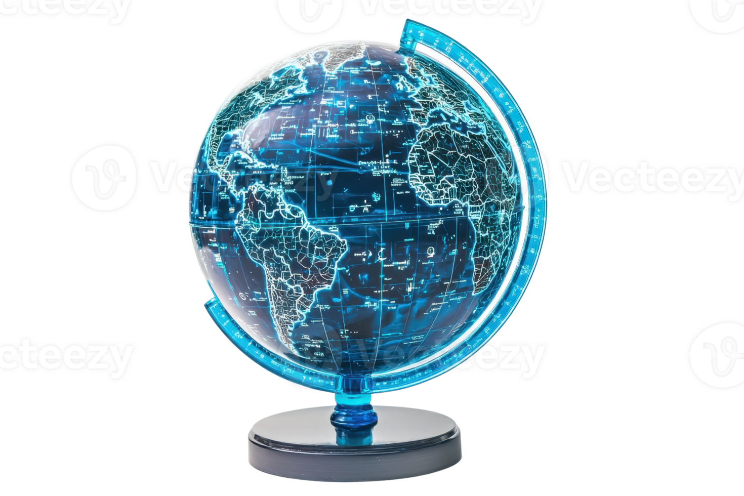 A futuristic globe displaying a digital map with glowing features and intricate details, representing global connectivity and technology. png